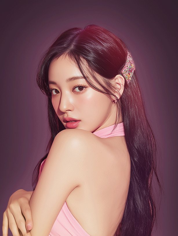 짙은 자두색 배경, 분홍 홀터넥 차림으로 어깨 너머 돌아보는 긴 머리 여성 모델(머리핀)