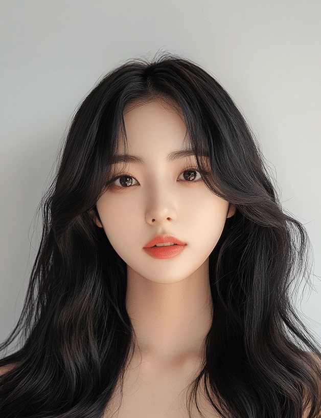 연회색 배경, 긴 검정 웨이브 머리 여성 모델 정면