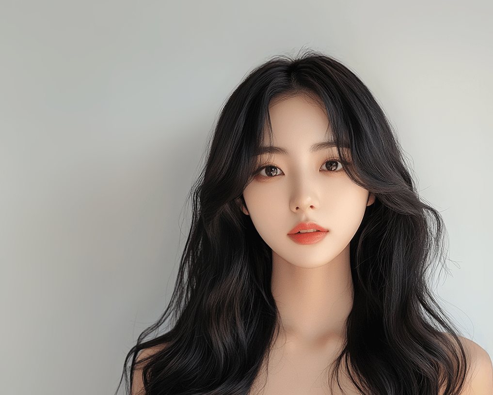 연회색 배경, 긴 검정 웨이브 머리 여성 모델 정면